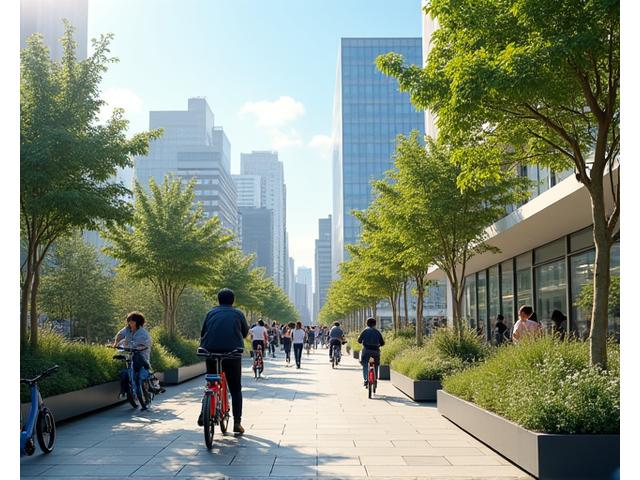 다양한 사람들이 공유 자전거, 쉐어 오피스 등을 활용하는 모습