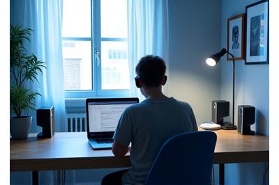 차분하게 정리된 홈오피스에서 음악을 통해 집중하는 모습